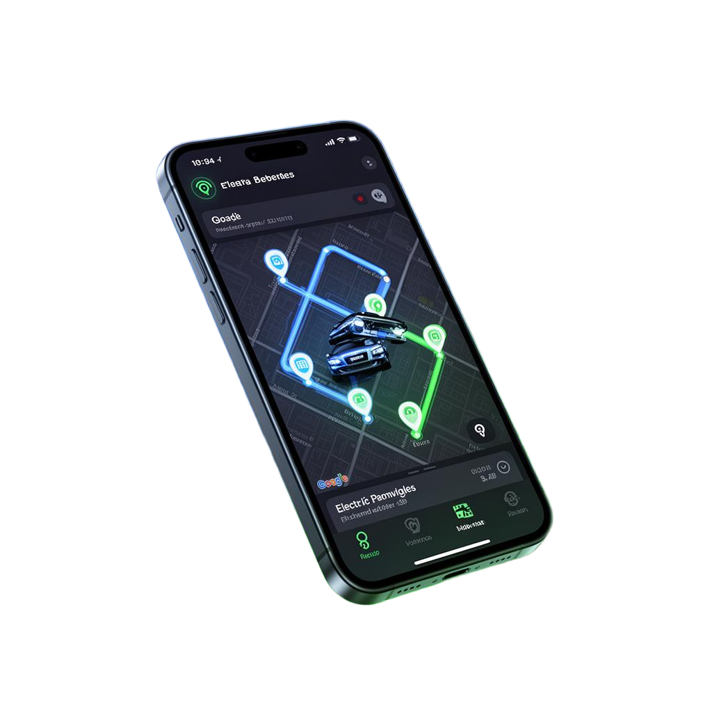 Ryde EV mobile app showing live electric vehicle map